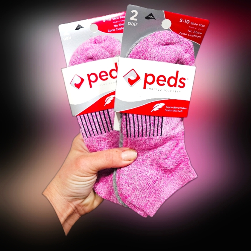 NWT 2pks/4 Pairs PEDS Women's NO-SHOW ZONE CUSHION Socks: Pink/Gray!